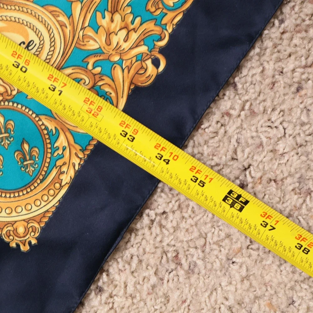 Firenze Italy Scarf Square Baroque Equestrian Fleur de Lis Teal Navy Gold 34x34